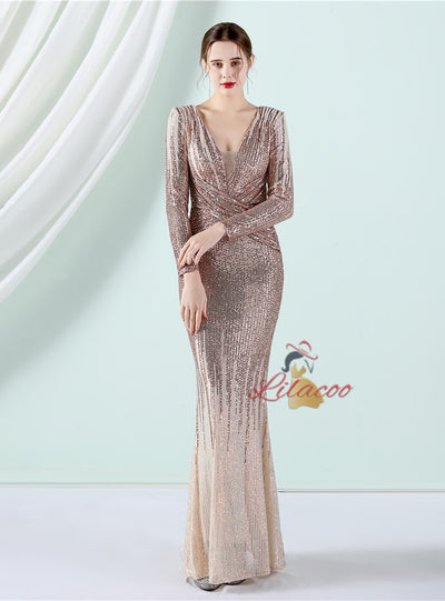Long Sleeve V-neck Sequins Prom Dress