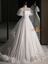 White Lace Puff Sleeve Square Neck Wedding Dress
