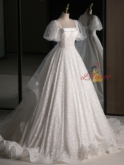 White Lace Puff Sleeve Square Neck Wedding Dress