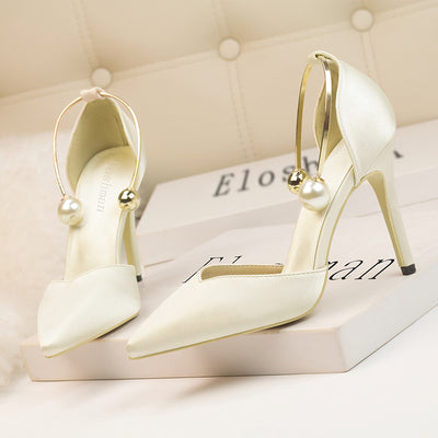 Shallow-mouthed Satin Hollow Pointed Metal Sandals