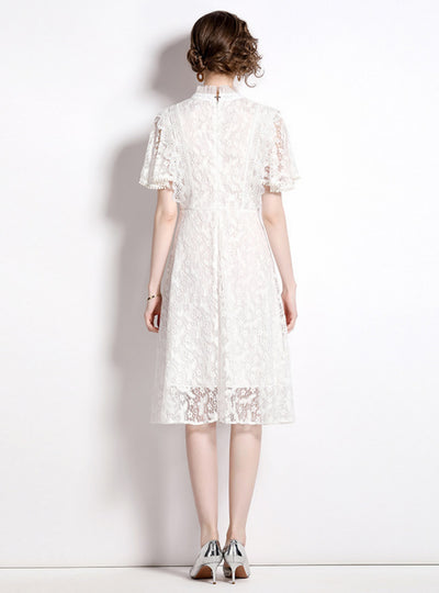 A-line White Lace Button Dress
