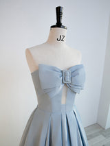 Blue Satin Strapless Pleats Bow Prom Dress