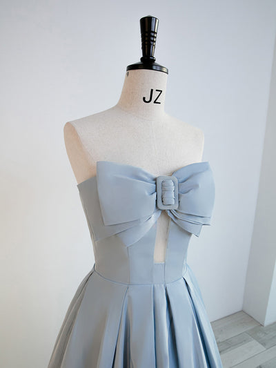 Blue Satin Strapless Pleats Bow Prom Dress