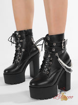 Thick-heeled Pearl Chain Bat Belt Buckle Martin Boots