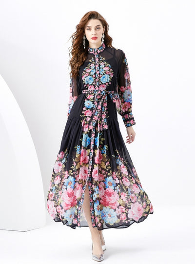 Retro Long Sleeve Slim Printed Dress