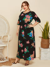 Round Neck Printed Loose Short Sleeve Dress