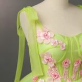 Green Tulle Straps Pink 3D Appliques Quinceanera Dress