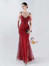 Mermaid Sequins Spaghetti Straps Appliques Prom Dress