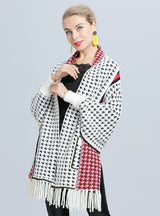 Loose Knit Houndstooth Tassels Shawl