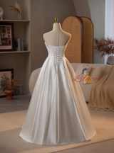 A-Line White Satin Pleats Wedding Dress