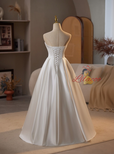 A-Line White Satin Pleats Wedding Dress