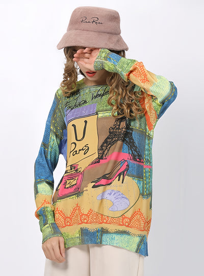 Loose Long-sleeved Round Neck Animal Prints Sweater