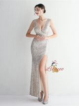 Sexy V-neck Sleeveless Beading Prom Dress