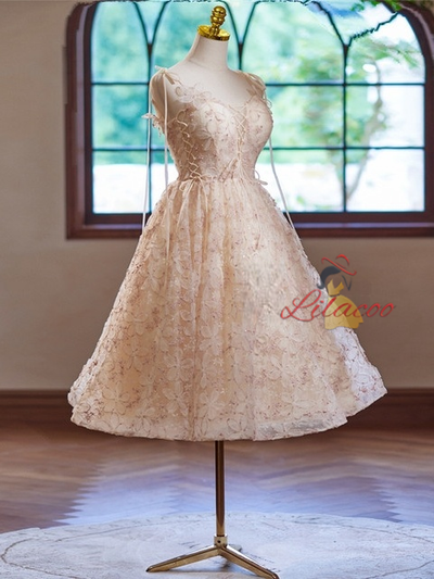 Champagne Lace Straps Homecoming Dress