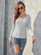 Round Neck Long Sleeve Solid Color T-shirt