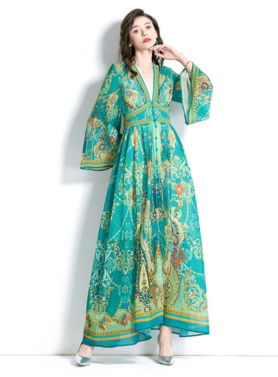 Long-sleeved V-neck Flared Sleeve Printed Dress