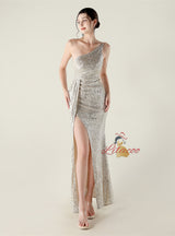 One Shoulder Mermaid Split Sequins Prom Dress