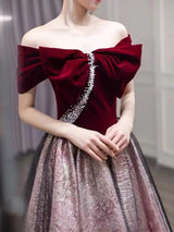 Burgundy Velvet Pleats Pearls Prom Dress