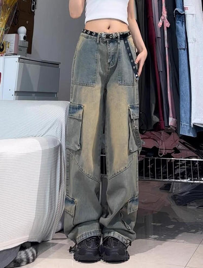 Retro Multi-pocket Jeans Wide-leg Pants