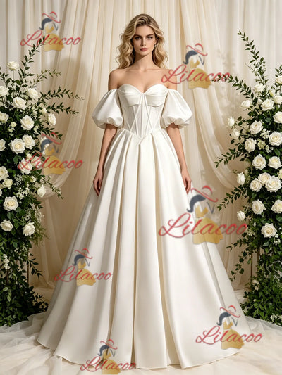 Ivory Satin Puff Sleeve Wedding Dress
