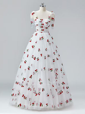 White Tulle Cherry Print Pleats Prom Dress