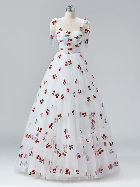White Tulle Cherry Print Pleats Prom Dress