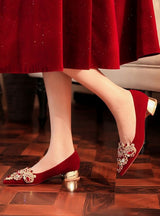 Short Heel Pointed Rhinestone Suede Red Wedding Shoes
