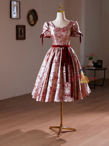 Burgundy Short Sleeve Print Homecoming Dress