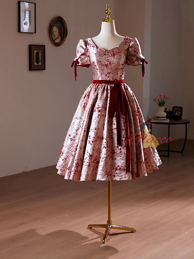 Burgundy Short Sleeve Print Homecoming Dress