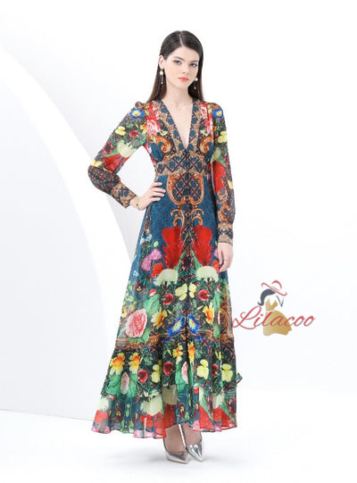 Retro Deep V-neck Lantern Sleeve Floral Dress