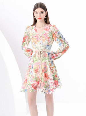 Retro V-neck Button-down Printed Short Dress