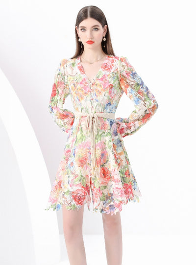 Retro V-neck Button-down Printed Short Dress