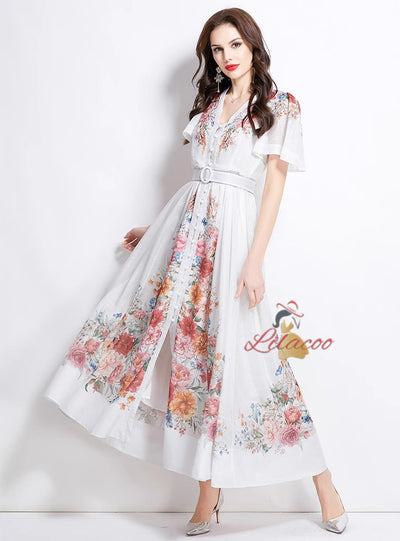 Deep V-neck Button Printed Holiday Dress