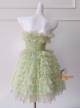 Green Tulle Lace Straps Tiers Short Prom Dress