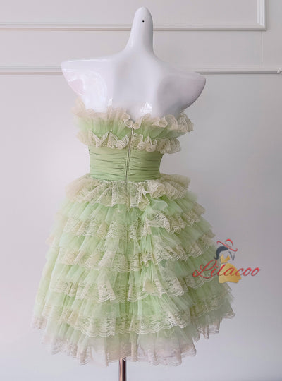Green Tulle Lace Straps Tiers Short Prom Dress