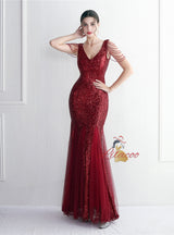 Tulle Sequins V-neck Beading Prom Dress