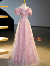 Pink Tulle Sequins Off the Shoulder Prom Dress