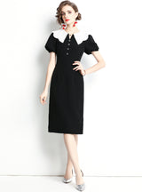 Retro Lantern Sleeve Slim Short Sleeve Black Dress