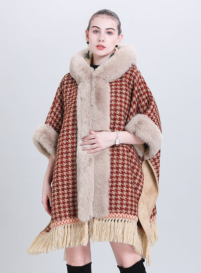 Plucked and Thickened Fur Collar Hooded Shawl