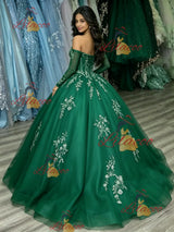 Green Tulle Off the Shoulder Appliques Quinceanera Dress
