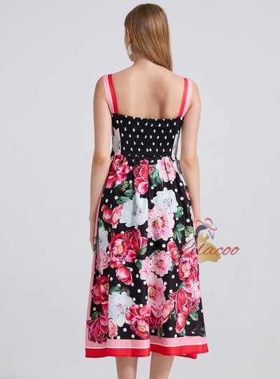 Retro Printed Slim Suspenders Dress