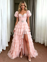 Pink Tulle Puff Sleeve Pleats Prom Dress