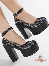 Lace Flower Mary Jane Round Head Thick Shoes
