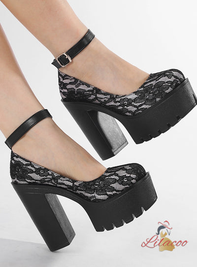 Lace Flower Mary Jane Round Head Thick Shoes