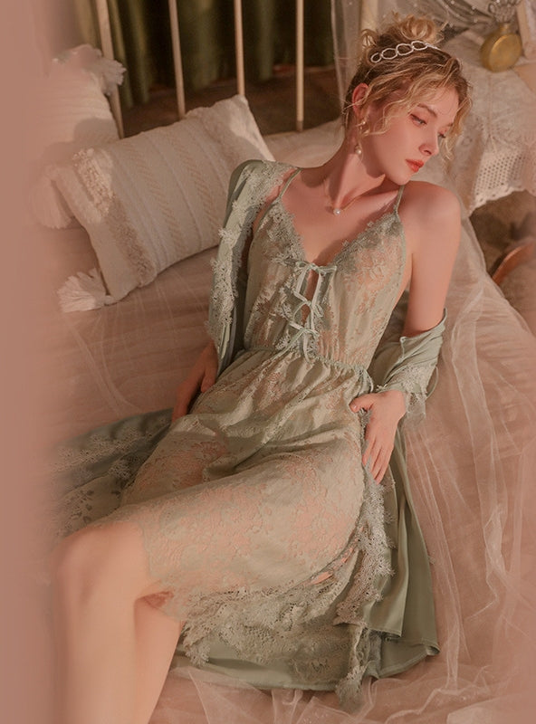 Sexy Lace Perspective Slit Suspender Nightdress