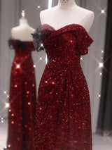 Burgundy Sequins Split Pleats Prom Dress