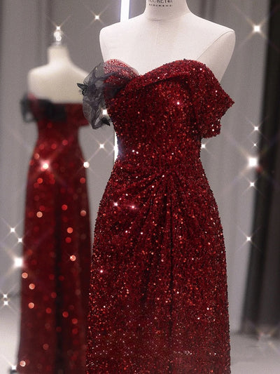 Burgundy Sequins Split Pleats Prom Dress