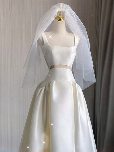 Ivory White Satin Hi Lo Straps Wedding Dress