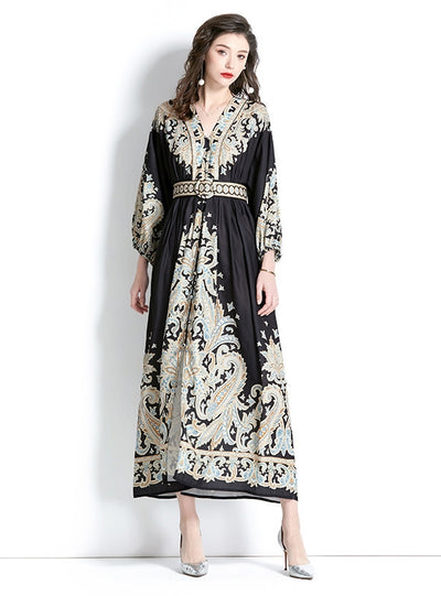 Long Sleeve V-neck Printed Long Dress