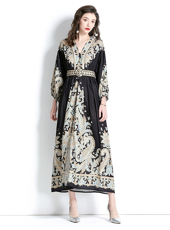 Long Sleeve V-neck Printed Long Dress